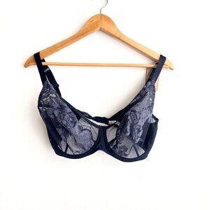 Lajaby Navy Blue Sheer Floral Underwire Bra 34E